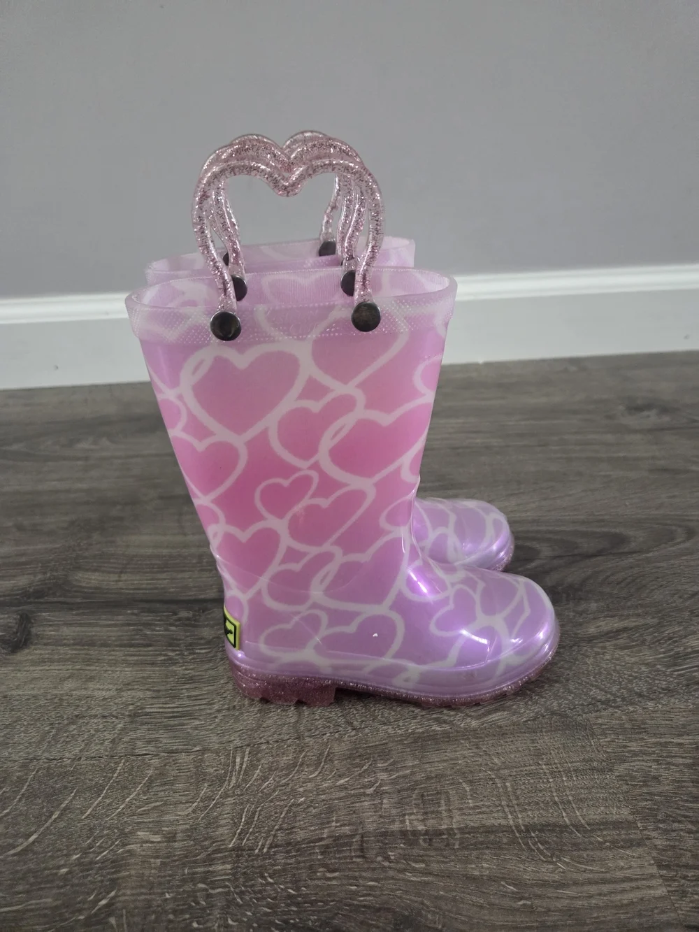 Western Chief Pink Heart Light Up Girls Rain Boots with Glitter Handles Size 7